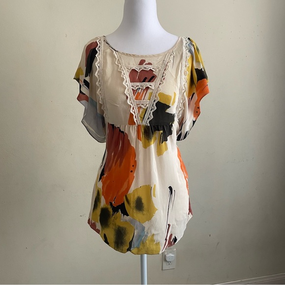 Edme & Esyllte Anthropologie 100% Silk Floral Blouse Ruffle Sleeve Size 4 - Picture 1 of 5